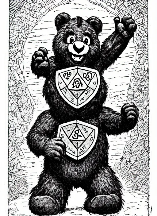 Image similar to a care bear as a d & d monster, on square background, pen - and - ink illustration, etching, by russ nicholson, david a trampier, larry elmore, 1 9 8 1, hq scan, intricate details, high contrast