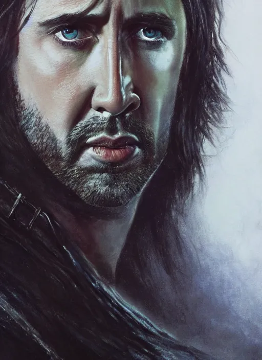 Image similar to portrait of nicolas cage as aragorn, action shot, strider, king elessar, by alan lee, lord of the rings, smooth, detailed terrain, oil painting, matte painting, concept art, trending on artstation, promotional artwork, film still, elegant, photorealistic facial features, intricate, detailed face, cinematic lighting