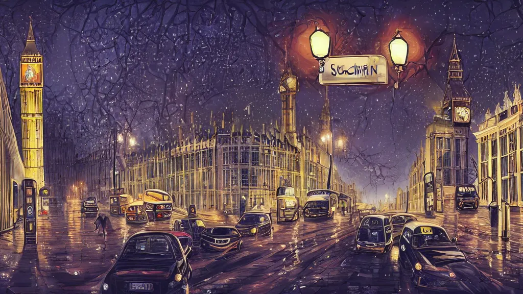 Image similar to street view of london city at night by cyril rolando and naomi okubo and dan mumford. elegant edwardian street lamps. double decker bus. st pauls cathedral. london bridge. black taxi cab. big ben clock tower.