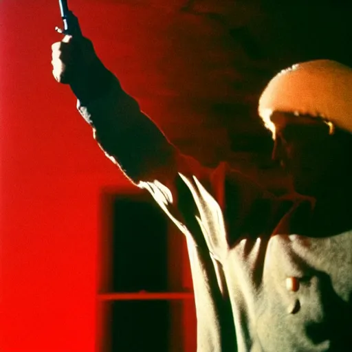 Prompt: photo of putin pointing a gun, red lighting cinestill, 800t, 35mm, full-HD