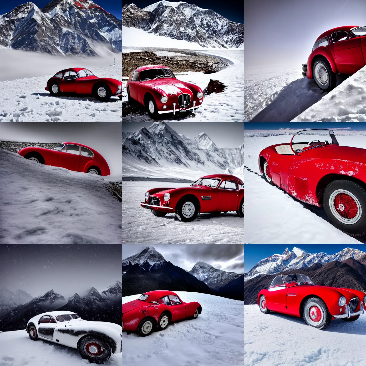 Prompt: extreme long shot of a snowy red 1954 Maserati A6GCS standing on mount everest, award winning photo, snow, high detail, desolate, atmospheric, 8k