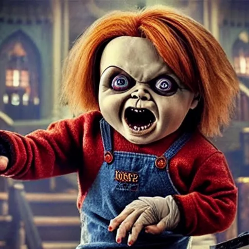 Prompt: screaming chucky doll and emma watson in new harry potter movie, poster