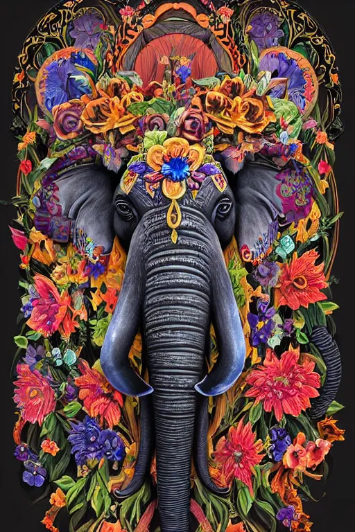 Image similar to Painted dark-wood relief carving of a Flowerpunk Matriarch Elephant, explosion of colorful flowers, dark wood, intricately carved, black ink, festival of rich colors, intricate details, cinematic lighting, volumetric lighting, backlit, post-processing, by andreas rocha and john howe, and Martin Johnson Heade, featured on artstation, featured on behance, golden ratio, ultrawide angle, hyper detailed, photorealistic, epic composition, wide angle, f32, well composed, UE5, 8k