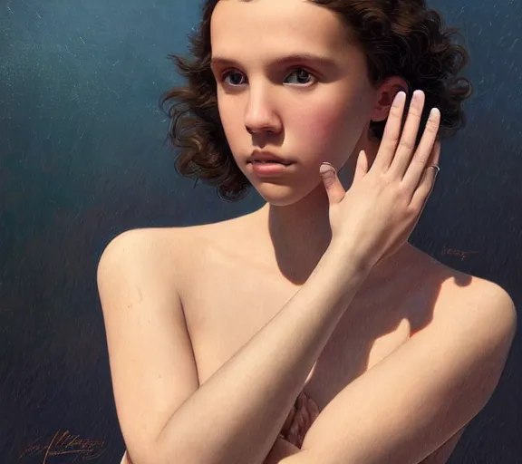 Image similar to photography millie bobby brown with hands - up and hairy armpits, deep focus, intricate, elegant, highly detailed, digital painting, artstation, concept art, matte, sharp focus, illustration, art by artgerm and greg rutkowski and alphonse mucha and gil elvgren