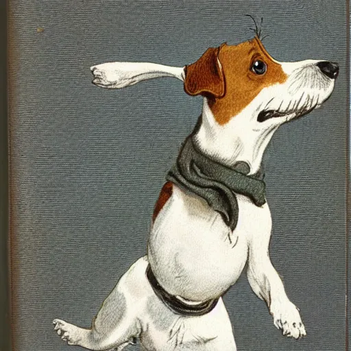 Image similar to portrait of a happy smiling jack russel terrier jumping, closeup, illustrated by peggy fortnum and beatrix potter and sir john tenniel