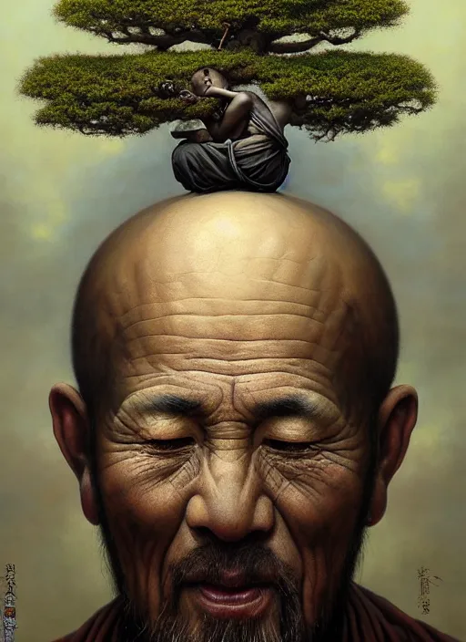 Image similar to monk with a bonsai growing out of his open head, intricate, rim light, extremly detailed oil painting, by tomasz alen kopera, james jean and fenghua zhong, highly detailed, art, cinematic lighting, very coherent, hyper realism, high detail, 8 k