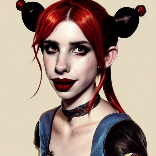 Prompt: Beautiful Emma Roberts as Harley Quinn, western, D&D, fantasy, intricate, elegant, highly detailed, digital painting, artstation, concept art, matte, sharp focus, illustration, art by Artgerm and Greg Rutkowski and Alphonse Mucha