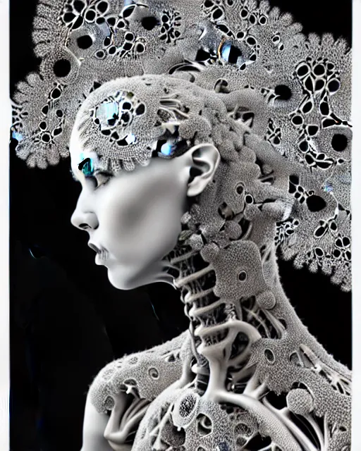 Image similar to surreal black and white photo portrait of complex biomechanical beautiful young female vegetal-cyborg with a mandelbrot fractal metal fine lace face, silver hair, 150 mm lens, soft rim light, fine metal floral foliage super big lace collar by Alexander McQueen, high fashion, haute couture, rococo, steampunk, silver filigree details, anatomical, facial muscles, cable wires, microchip, elegant, hyper realistic, octane render, unreal engine, in the style of Man Ray, by Dora Maar, volumetric lighting, 8k,