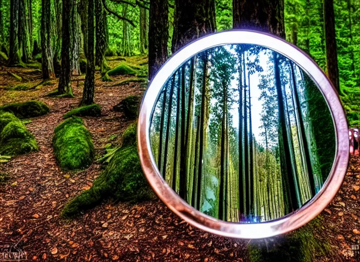 Image similar to photo of a crystal mirror that is a portal to another magical world. Forest in the background. Fantasy magic style. Highly detailed 8k. Intricate. Nikon d850 55mm. Award winning photography.