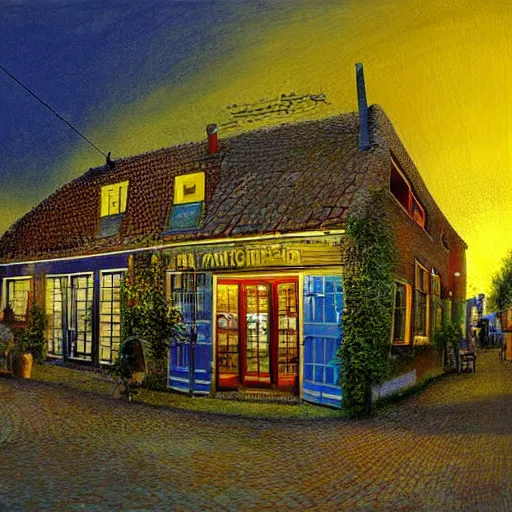 Prompt: a warm summer night in the village center of a small hovel in the netherlands, 2 0 0 8, detailed, wideshot, photorealistic, blue - yellow sky