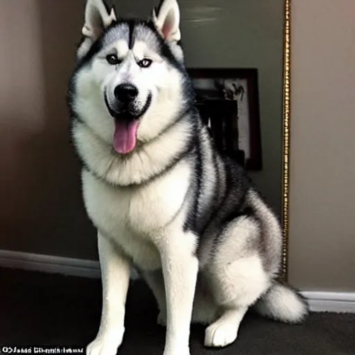 Image similar to an extremely muscular husky dog posing in front of a mirror