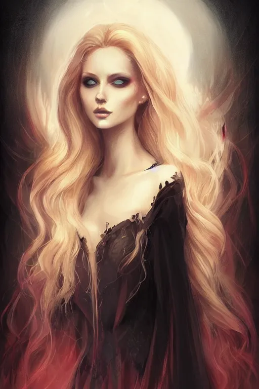 Image similar to beautiful wicked female occultist, sweeping ombre blonde hair, red eyes, portrait, high cheekbones, Victorian, black velvet dress, dark colors, magic Amulet, fantasy painting, trending in Artstation, GSociety, by Charlie Bowater, Brom, Bastien Lecouffe-Deharme