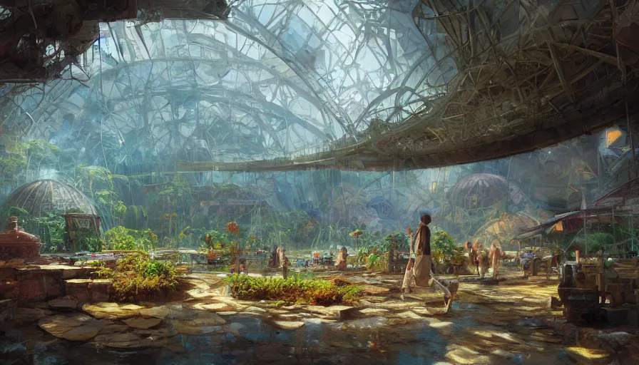 Prompt: craig mullins and ghibli digital illustration of the interior of the largest biodome in the world, colorful, unreal engine, hyper realism, realistic shading, cinematic composition, realistic render, octane render, detailed textures, photorealistic, wide shot,