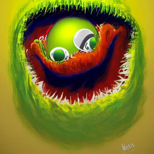 Image similar to a tennis ball monster in space , digital art, fantasy, magic, trending on artstation, ultra detailed, professional illustration by Basil Gogos