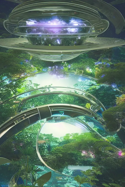 Image similar to multi level botanical garden spaceship floating in space, calm, tranquil, faded effect, detailed, vaporwave colors, render by substance designer