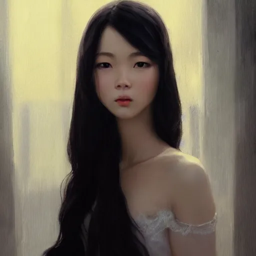 Prompt: Asian girl, watery black eyes, long wavy black hair, white veil, front closeup, highly detailed, centered, oil painting, artstation, anime painting by WLOP