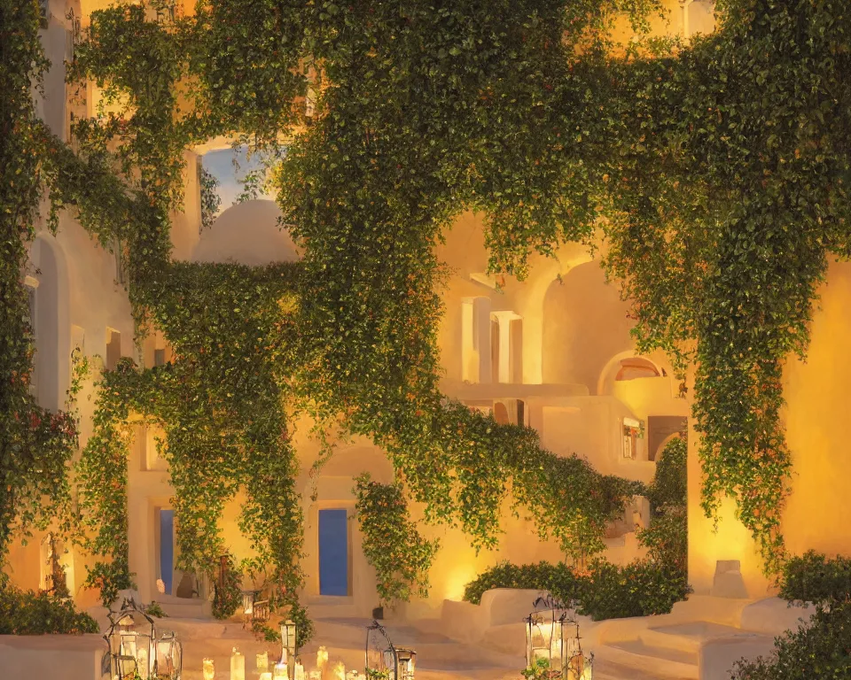 Prompt: an achingly beautiful print of a vibrant greek four seasons hotel, lit by glowing lanterns and covered in ivy, on the shores of Santorini by Raphael, Hopper, and Rene Magritte. detailed, romantic, trending on artstation.