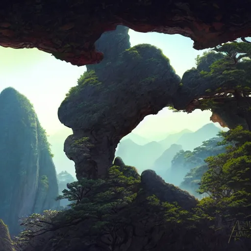 Prompt: huangshan with levitating stones in zero gravity, no trees, ancient redwood forest, taoist temples and monks, artwork by ansel adams, andreas rocha, artstation, scifi, hd, wide angle, viewed from within a stone grotto, autumnal, sunset