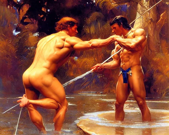 Prompt: muscular magician man, casting water magic. highly detailed glossy matte oil painting by gaston bussiere, craig mullins, j. c. leyendecker, tom of finland