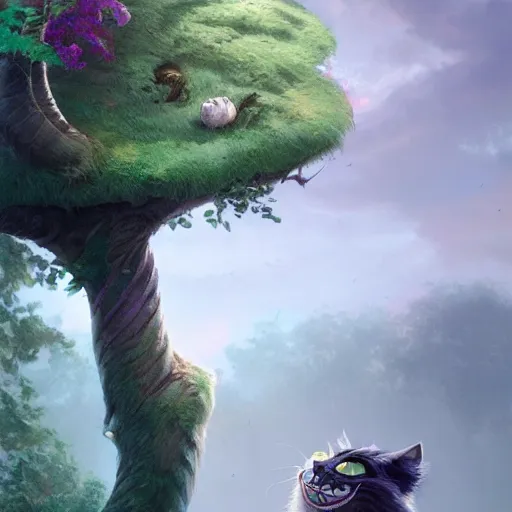 Prompt: cheshire cat sitting on a tree, matte painting by greg rutkowski, artstation