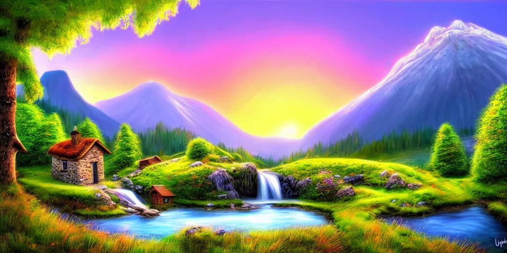 Image similar to a beautiful fantasy landscape, mountain in background, a waterfall in the mountains, little cottage, small pond, some trees in the corner, sunrise, hyper realism, artgem, art by philipp urlich, flat colors