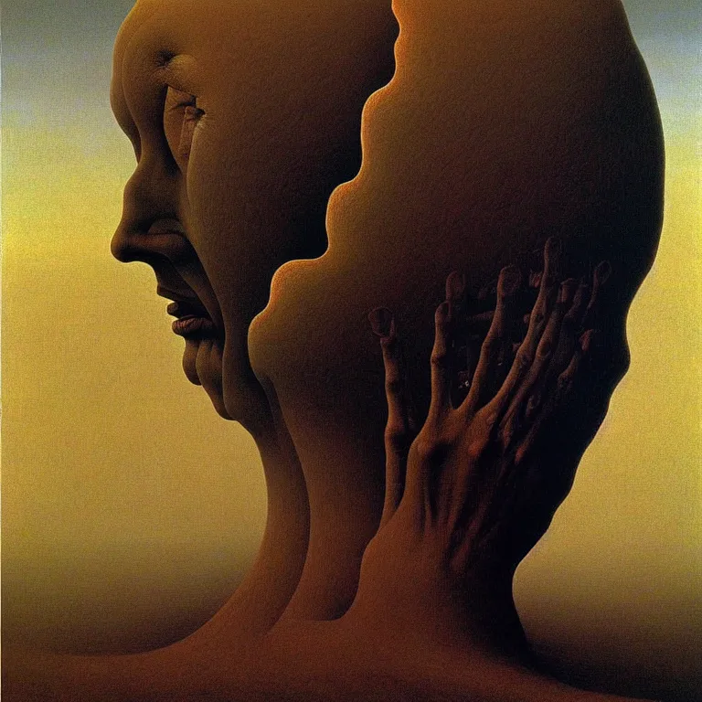 Image similar to a man looking at his mind pondering the absurdity of existence, by zdzisław beksinski and salvador dali, surreal, oil on canvas, hyper detailed, soft