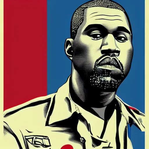 Prompt: Russian Propaganda Soviet screen-print shepard fairey illustrated poster of Kanye West as President standing in front of a USA America flag