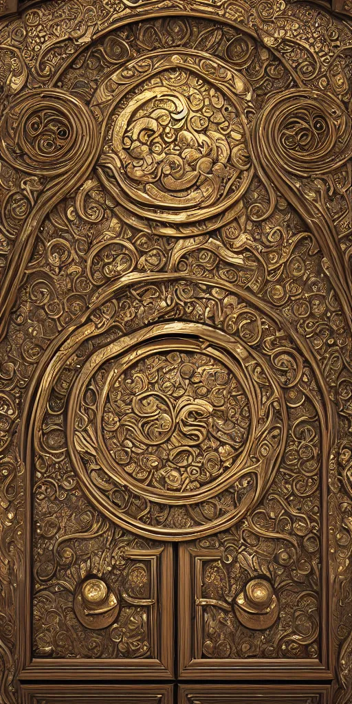 Prompt: an antique golden door with angelpunk style carvings, esoteric metalic design, dreamy, 8k, extreme detail, photorealistic, volumetric light, octane render, unreal engine, 16:9, ray tracing