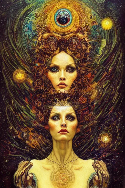 Image similar to Divine Chaos Engine by Karol Bak, Jean Deville, Gustav Klimt, and Vincent Van Gogh, beautiful visionary mystical portrait, sacred, otherworldly, fractal structures, Surreality, ornate gilded medieval icon, third eye, spirals