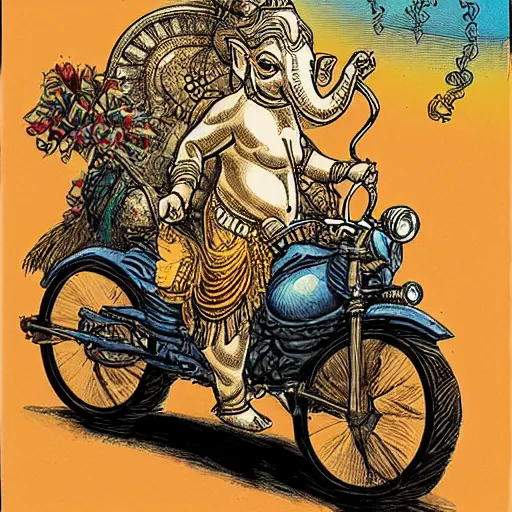 Image similar to ganesha riding a motorcycle, art by rebecca guay