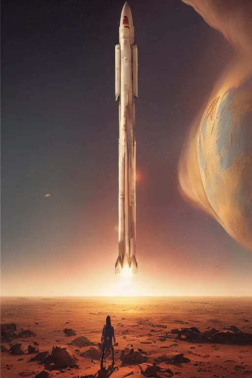 Image similar to poster artwork. distant rocket taking off. on the horizon. during golden hour. symmetry. washed out. desaturated. art by wlop, mars ravelo and greg rutkowski.