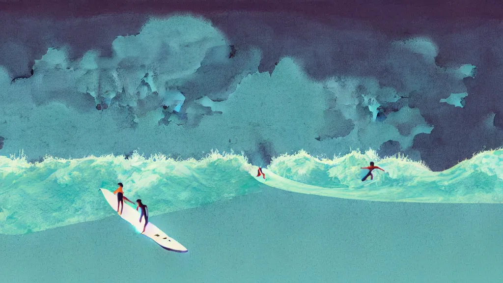 Image similar to surfing in miura, kanagawa japan, a collage painting, in the style of wes anderson, lola dupre, david hockney, isolated on negative white space background dark monochrome neon fluorescent spraypaint accents volumetric octane render