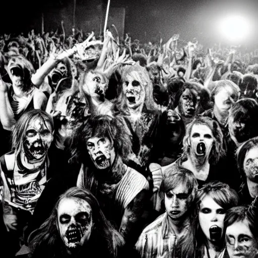 Image similar to zombies at a punk rock concert, highly detailed photo from 1985, black and white