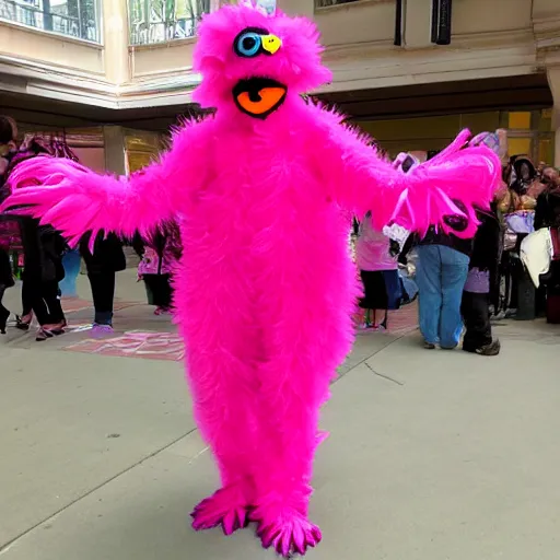 Prompt: hot pink feather boa muppet at furry convention