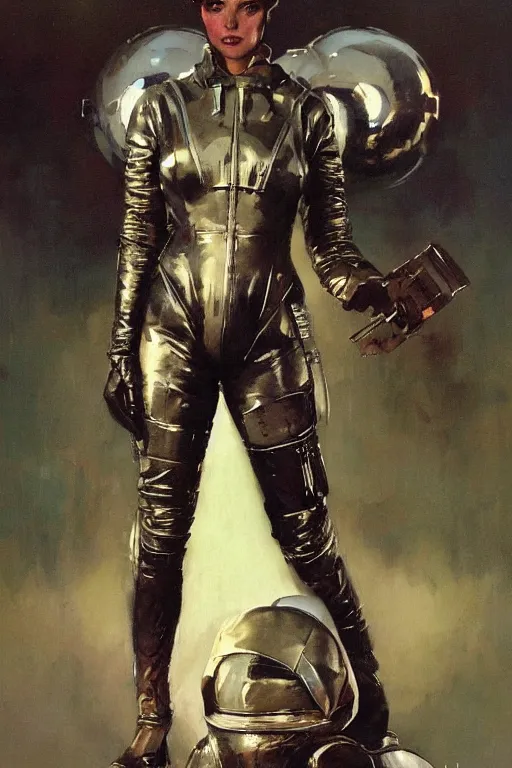 Image similar to pulp scifi fantasy illustration full body portrait of elegant woman wearing leather and metal spacesuit, by norman rockwell, jack kirby, bergey, craig mullins, ruan jia, jeremy mann, tom lovell, 5 0 s, astounding stories, amazing, fantasy, other worlds