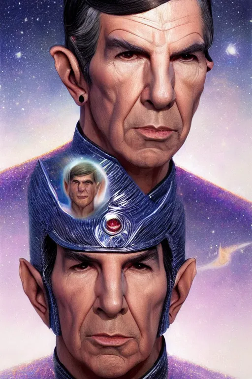 Image similar to photorealistic portrait photograph of spock as a glorious regal space king, sleek outfit, upper body, fantasy, handsome, depth of field, soft focus, highly detailed, intricate, realistic, national geographic cover, soft glow, textured, artstation, concept art, sharp focus, illustration, art by artgerm and greg rutkowski and alphonse mucha