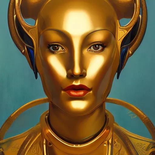 Prompt: Portrait of a golden robot with woman face, art deco, by Mandy Jurgens and Warhol, Ernst Haeckel, James Jean, artstation