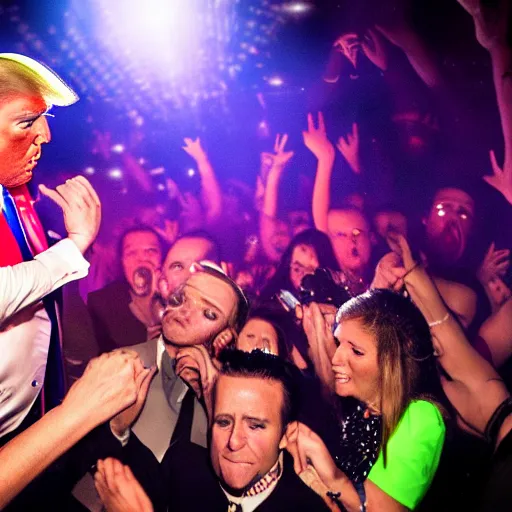 Image similar to trump freaking out on a rave, club photography