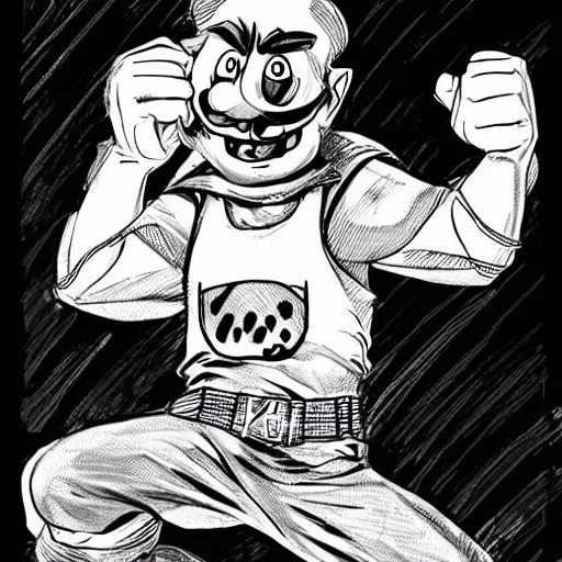 Image similar to ethan van sciver line art of kool aid man fighting waluigi