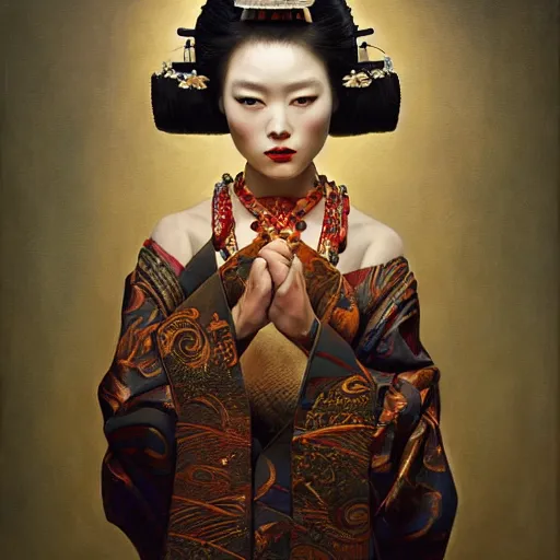 Image similar to highly detailed oil painting | very intricate | cinematic lighting | award - winning | the scandinavian viking geisha in an exquisite tribal kimono | by roberto ferri, by tom bagshaw, by j. c. leyendecker and klimt, beautiful cinematic light, american romanticism, by austin osman spare, artstation, cgsociety, official art, octane