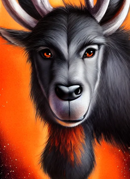 Image similar to award winning beautiful portrait commission of a male furry anthro Black Reindeer fursona with a tail, wings and a cute beautiful attractive detailed furry face wearing stylish black and orange galaxy clothes in a outerspace city at night while it rains. Character design by charlie bowater, ross tran, artgerm, and makoto shinkai, detailed, inked, western comic book art