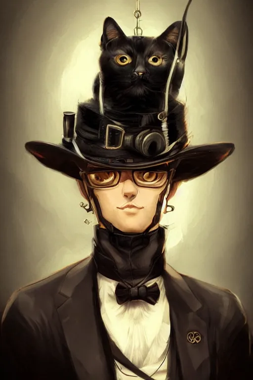 Image similar to a portrait of a cat with steampunk hat, wearing black suit, by Ross Tran, concept art, 4k, artstation, cel-shaded