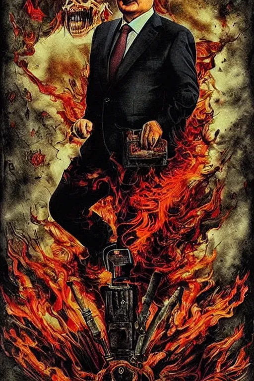 Image similar to lukashenka went to hell, art in the style of a poster for horror films in a cinema, detailed art in color