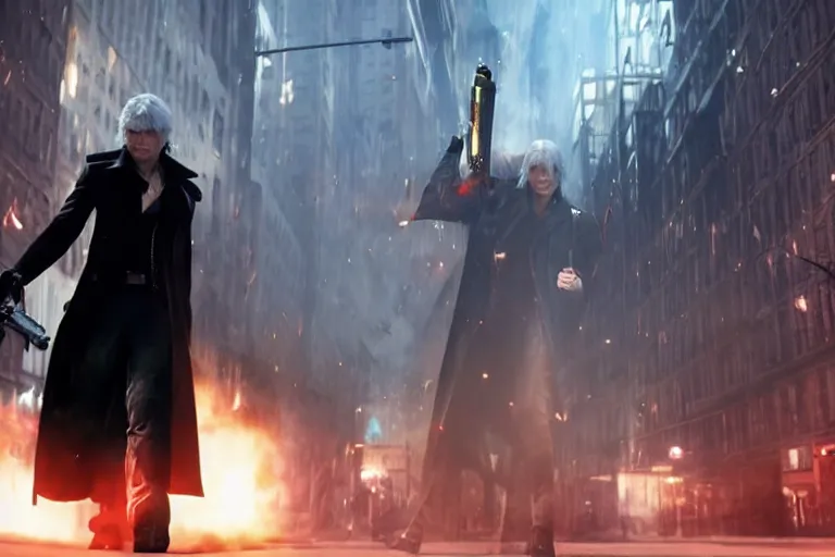 Image similar to vfx movie suave vampire with long white hair, trench coat, dual wielding large revolvers, ascending into the air in a shattered reality of new york city, devil may cry, by emmanuel lubezki