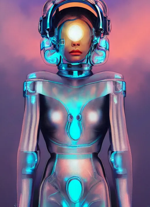 Image similar to symmetry!!! closeup portrait of a cyborg transparent girl, fashion cyber jumpsuit with big shoulder pads, cinematic light, backlight, windy, teal orange, smoke trails, mist, by gerald brom, by mikhail vrubel, by peter elson, muted colors, extreme detail, trending on artstation, 8 k