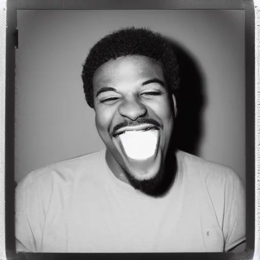 Prompt: retro 90s granular polaroid outdoors photo of an African American rapper, laughing, drinking from a plastic cup, flash photography, image artifacts