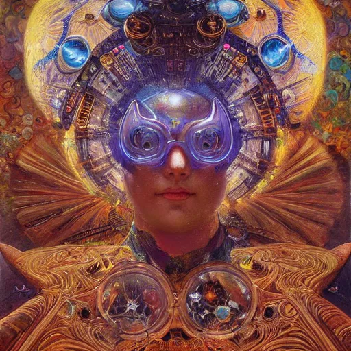 Image similar to highly detailed portrait of a cat shaped psychedelic dmt mecha, painting by gaston bussiere, craig mullins, j. c. leyendecker, lights, art by ernst haeckel, john william godward, hammershøi, alex grey