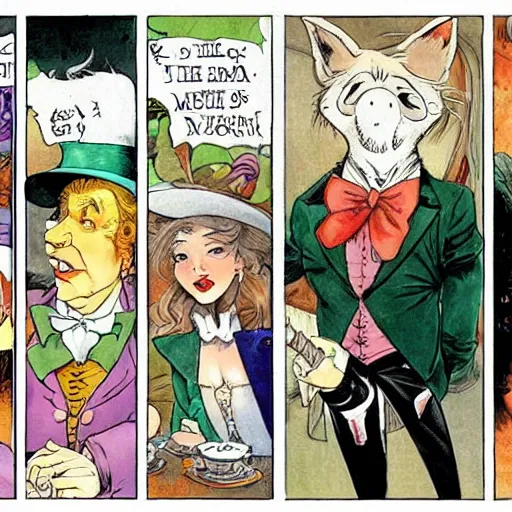 Prompt: The Mad hatter is on a date with Alice, Milo Manara style