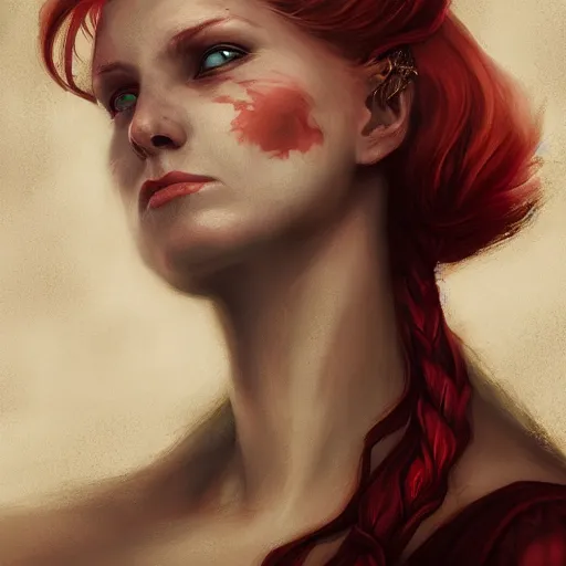 Image similar to a detailed matte head - on portrait painting of an middle - aged tiefling noblewoman with golden eyes and short long flowing red hair, by charlie bowater, lise deharme, wlop, tending on arstation, dungeons and dragon, dnd, pathfinder, fanart, oil on canvas