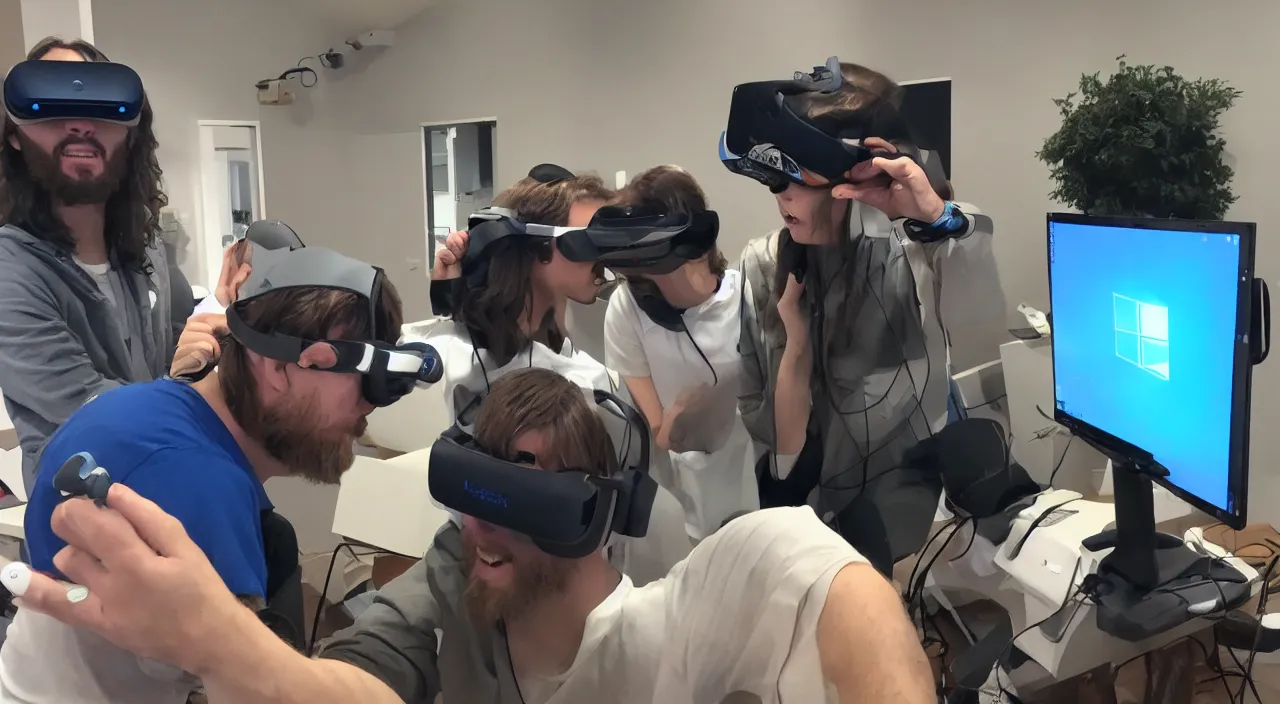 Image similar to Jesus Christ teaching his disciples how to install Windows 11 using VR. Photo realistic.